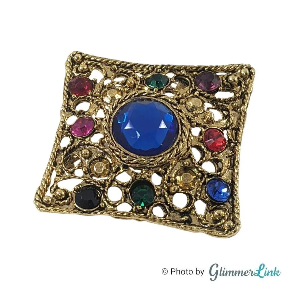 Vintage Multicolor Square Filigree Gold Tone Brooch Pin